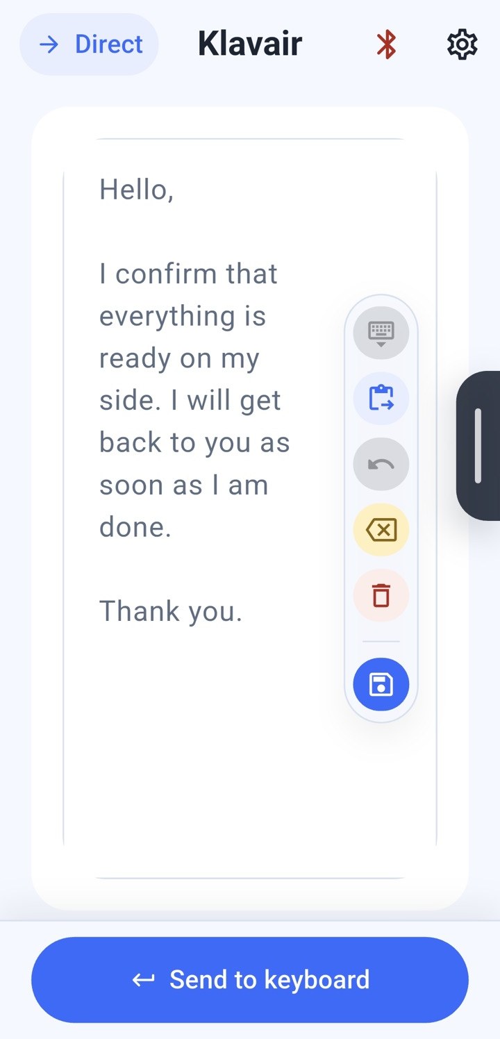 Klavair app screenshot showing text ready to send as keyboard input.