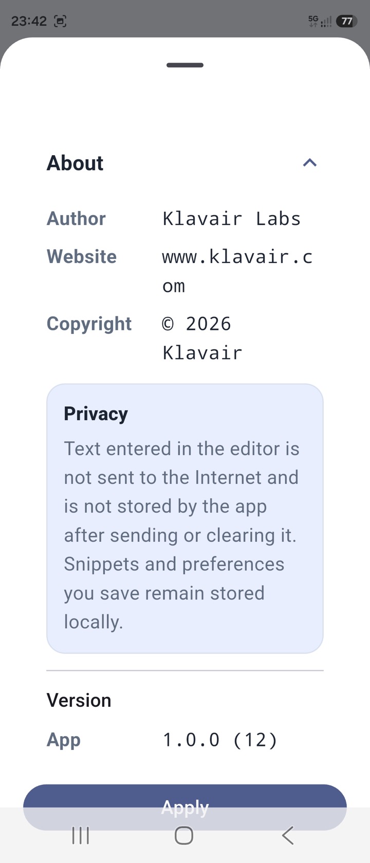 Klavair screenshot: about and privacy in the app.