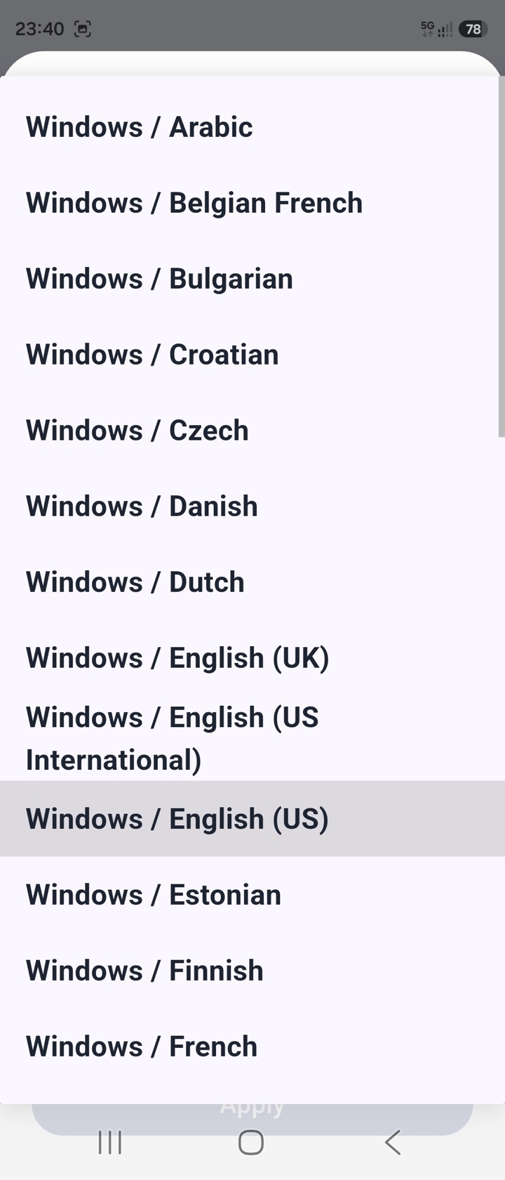 Klavair screenshot: Windows keyboard profiles by language.