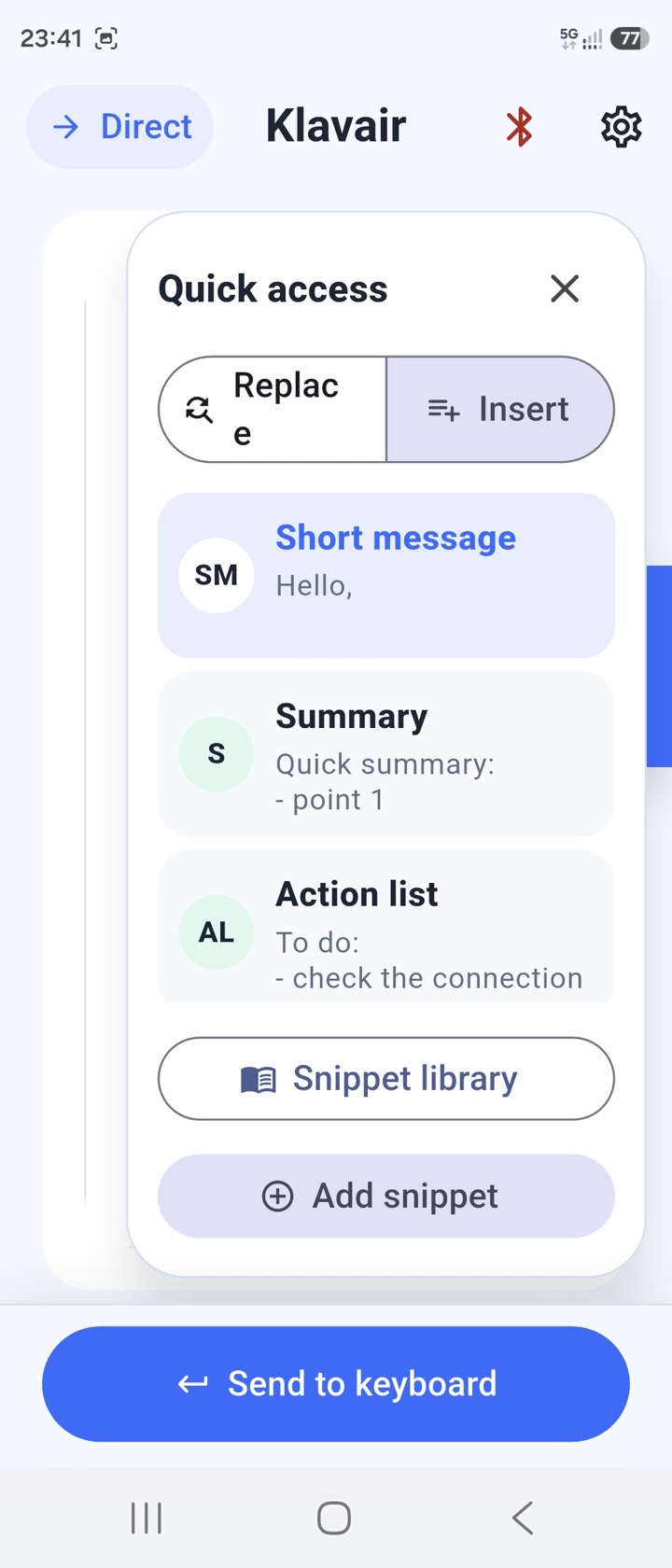 Klavair screenshot: reusable text library.