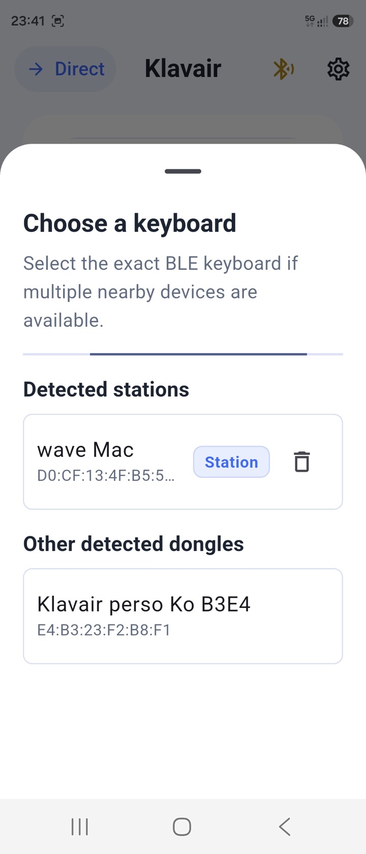 Klavair screenshot: dongle or target keyboard selection.
