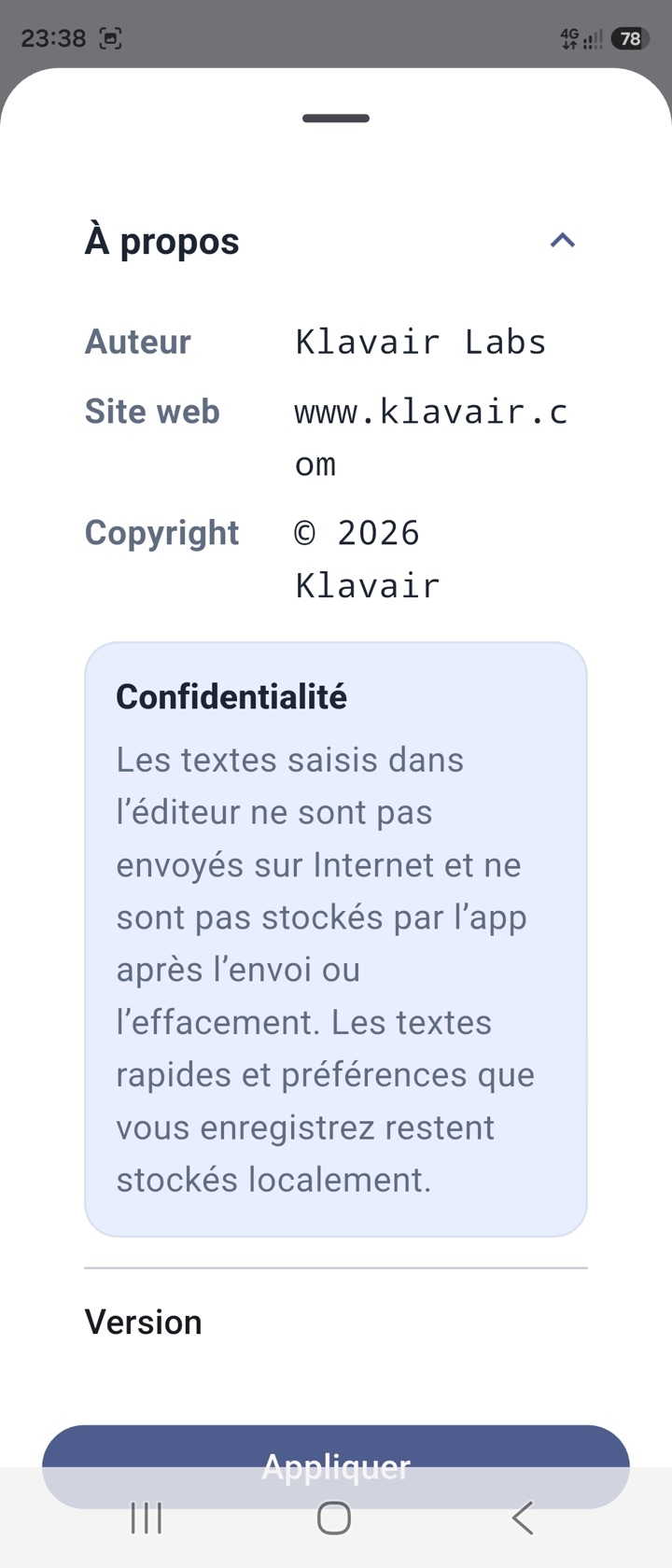 Capture Klavair: à propos et confidentialité dans l'application.