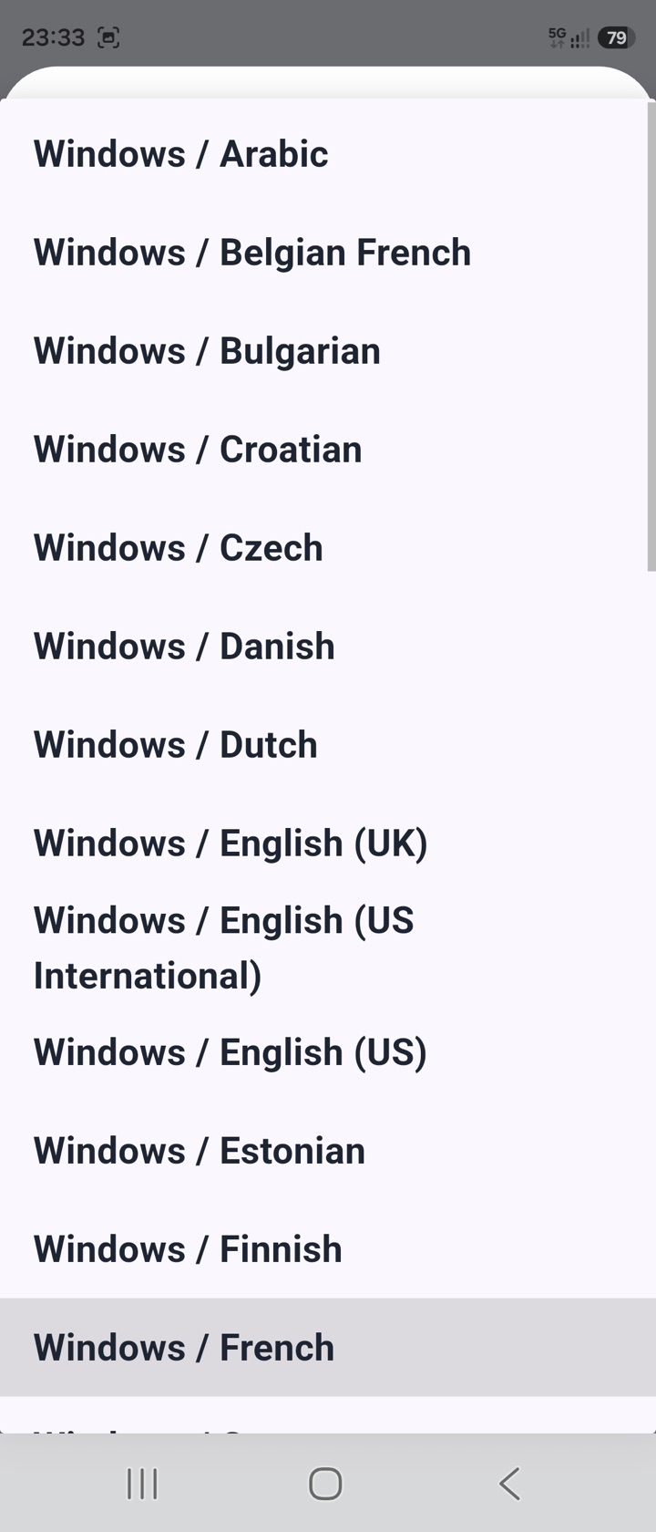 Capture Klavair: liste de profils clavier Windows par langue.