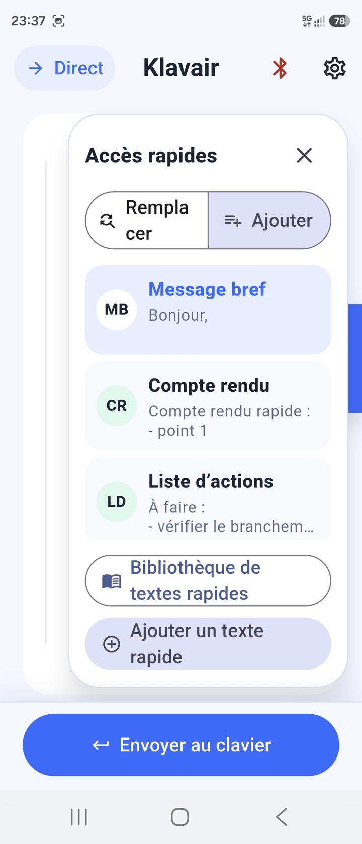 Capture Klavair: bibliothèque de textes rapides.