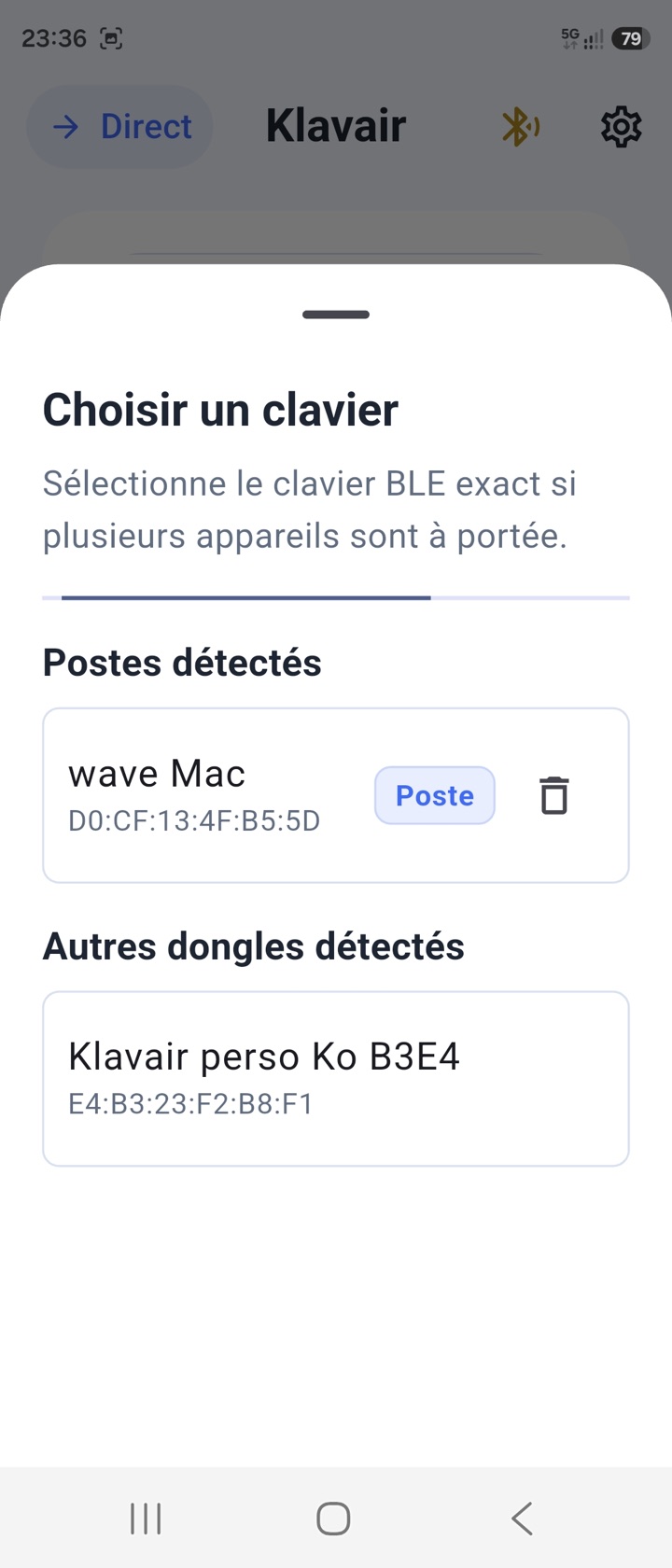 Capture Klavair: choix du dongle ou du clavier cible.